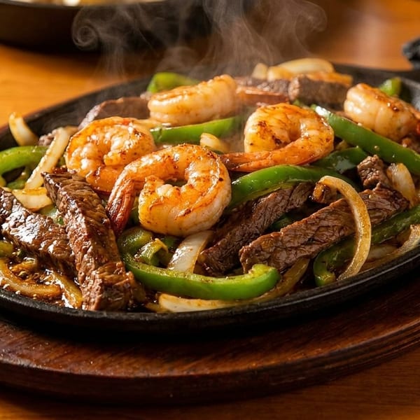 Sizzling fajitas with steak, shrimp, green peppers, and onions on a cast iron platter.
