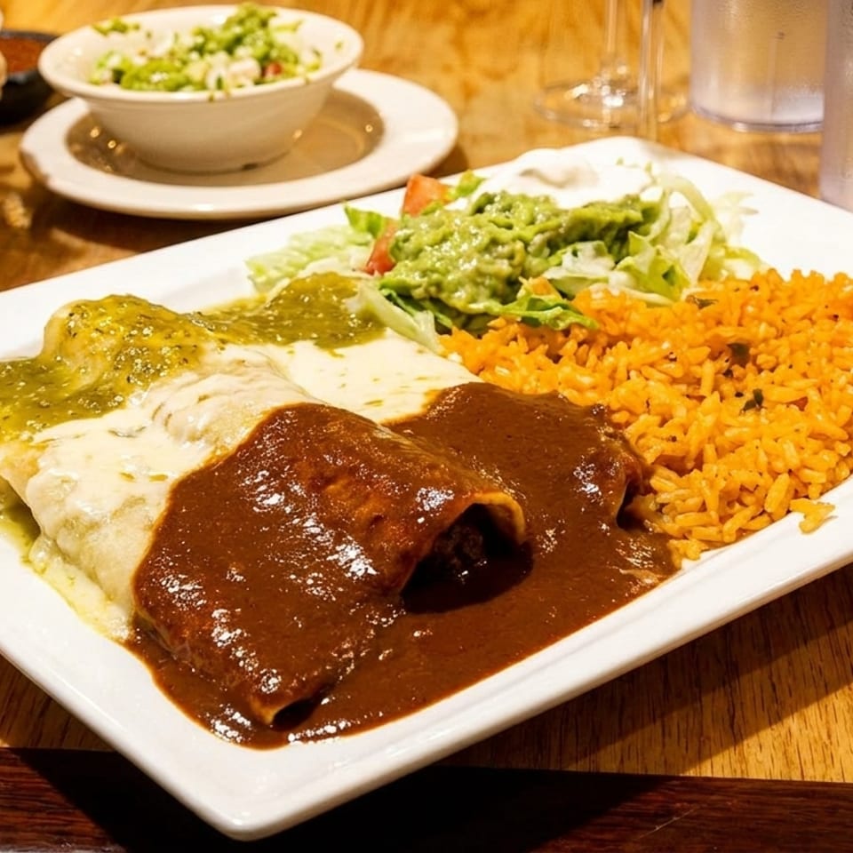 A plate of enchiladas with green and mole sauce, rice, and salad, with chips and salsa in the background.