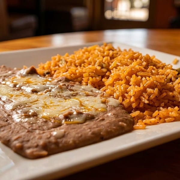 A plate of refried beans topped with melted cheese and a side of orange Mexican rice.
