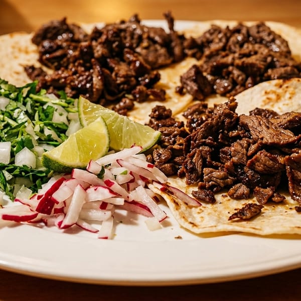Three beef tacos on corn tortillas with a side of chopped onions, cilantro, radishes, and lime wedges.