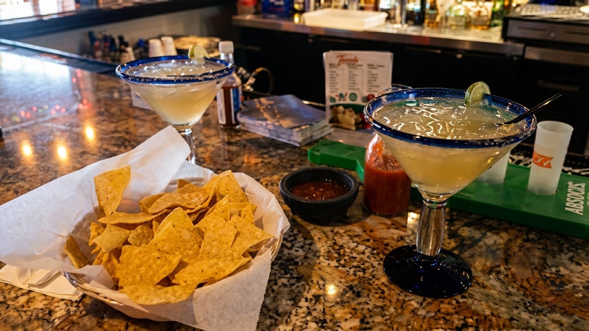 House margaritas, salted rim and all