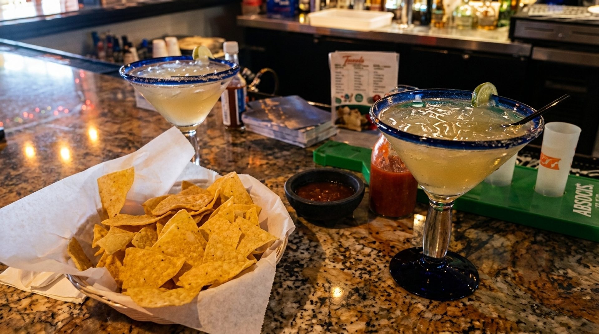 House margaritas, salted rim and all